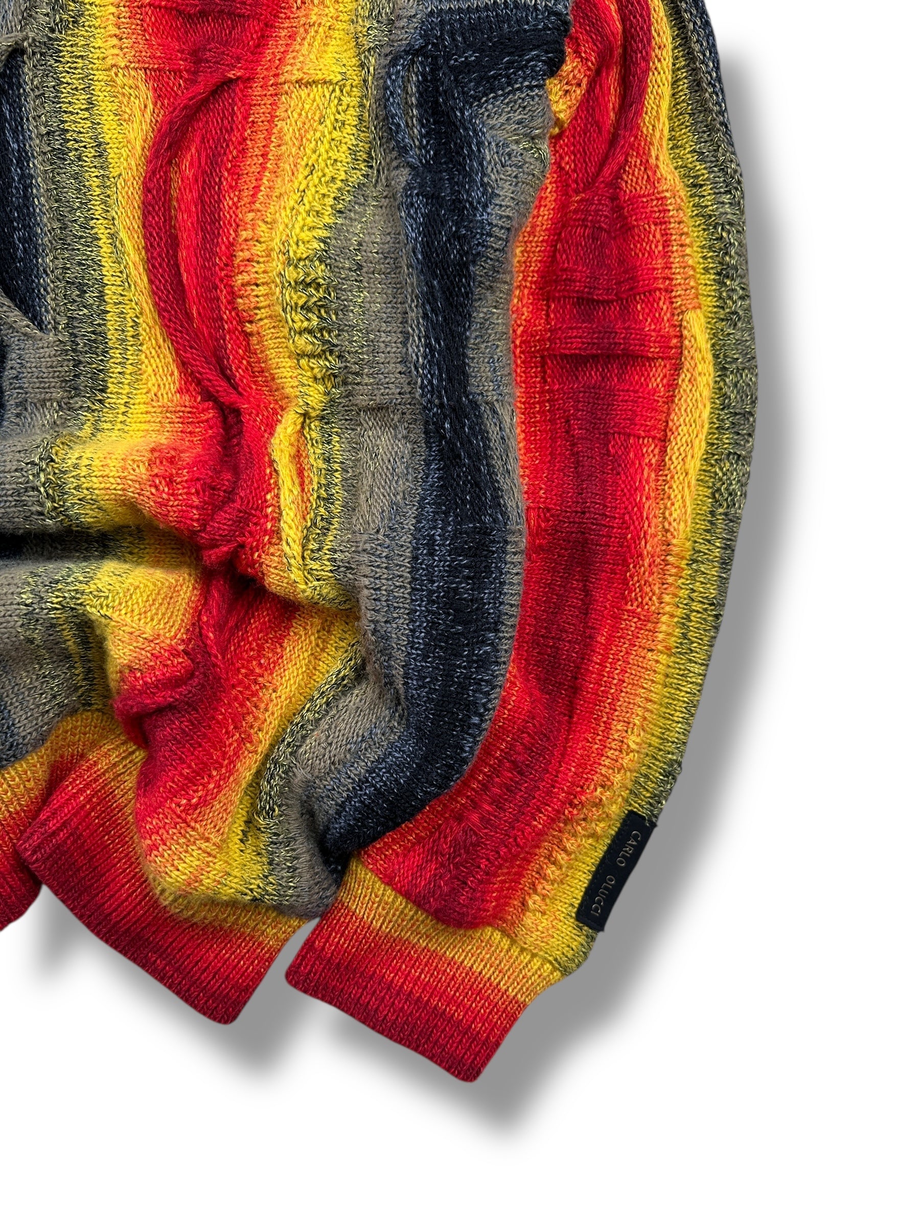 1990s Carlo Colucci Lava 3D Knit Stricksweater Rot Gelb Schwarz | Vintage Size 46
