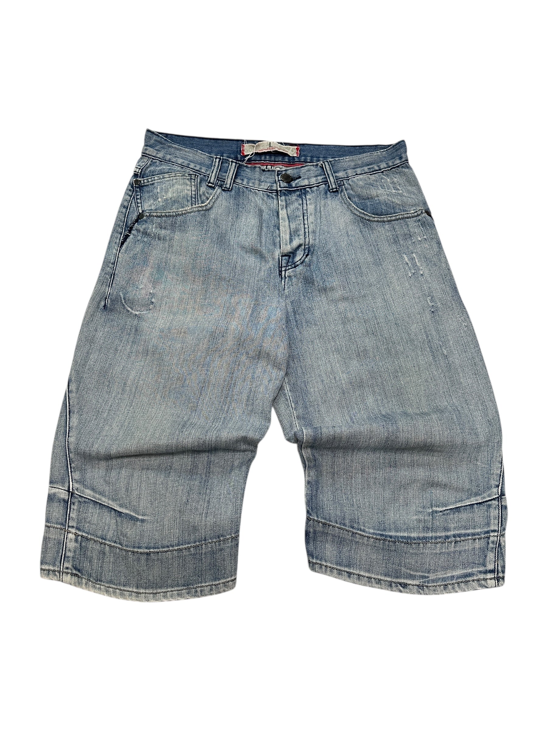 Y2K Vintage Fishbone 3/4 Jorts | Hellblaue Washed Denim Shorts Herren L