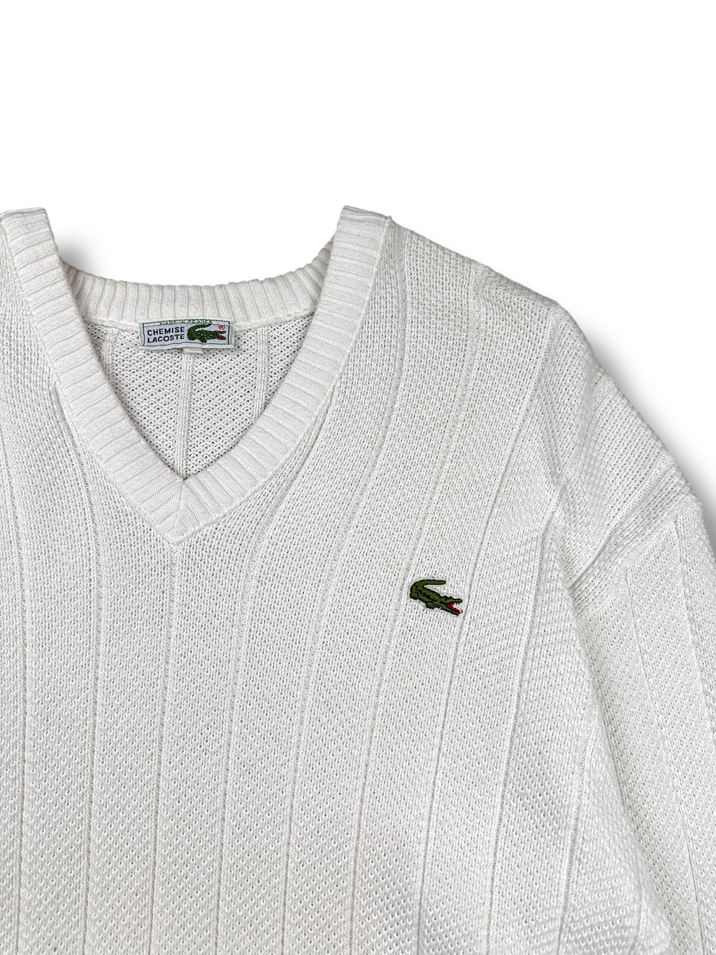 1990s Chemise Lacoste V-Neck Stricksweater Weiß | Made in France | Vintage M