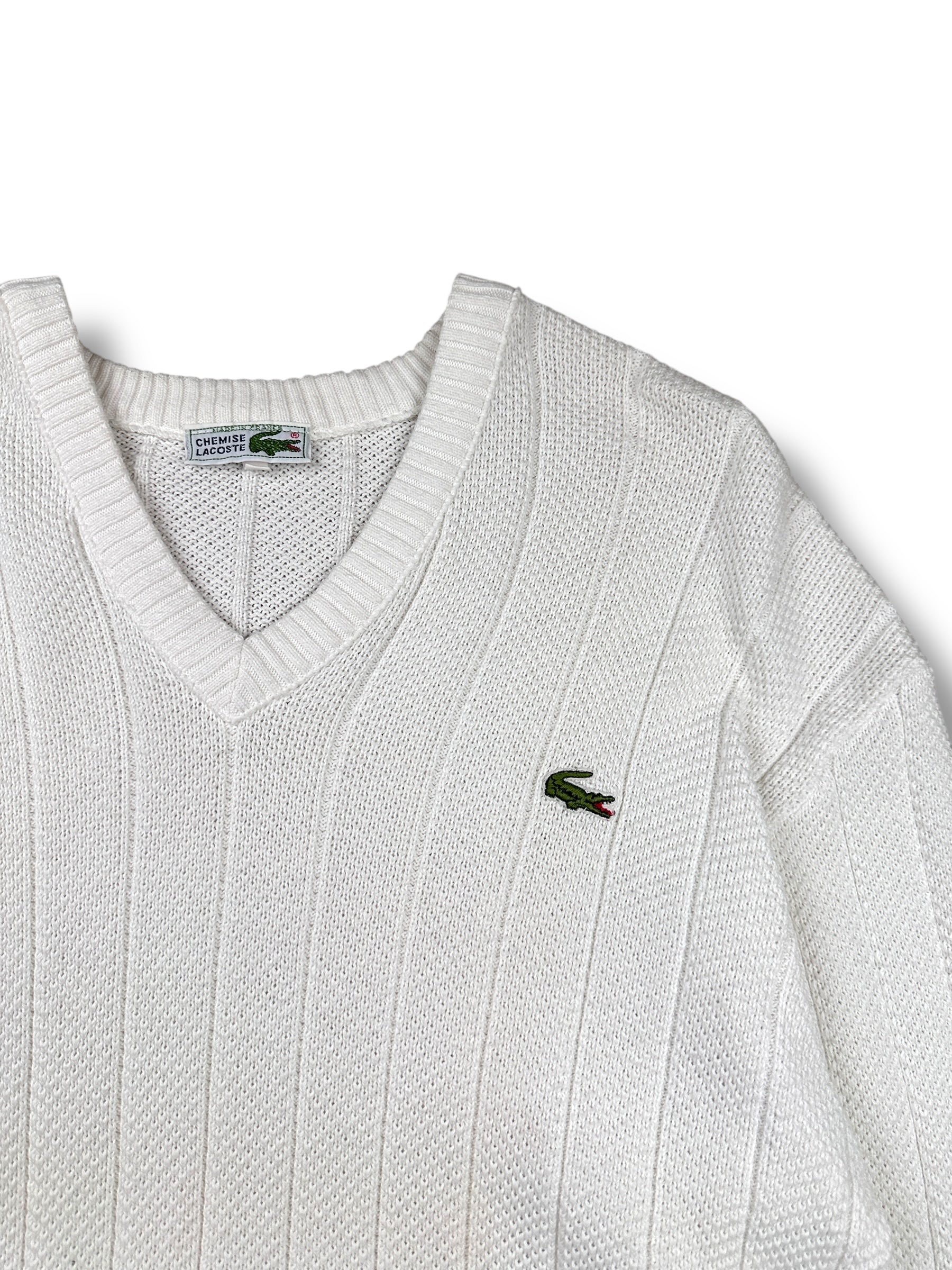 1990s Chemise Lacoste V-Neck Stricksweater Weiß | Made in France | Vintage M